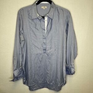 Cortland Park Womens Light Blue Pearl Button Bib Front Tunic Top Large